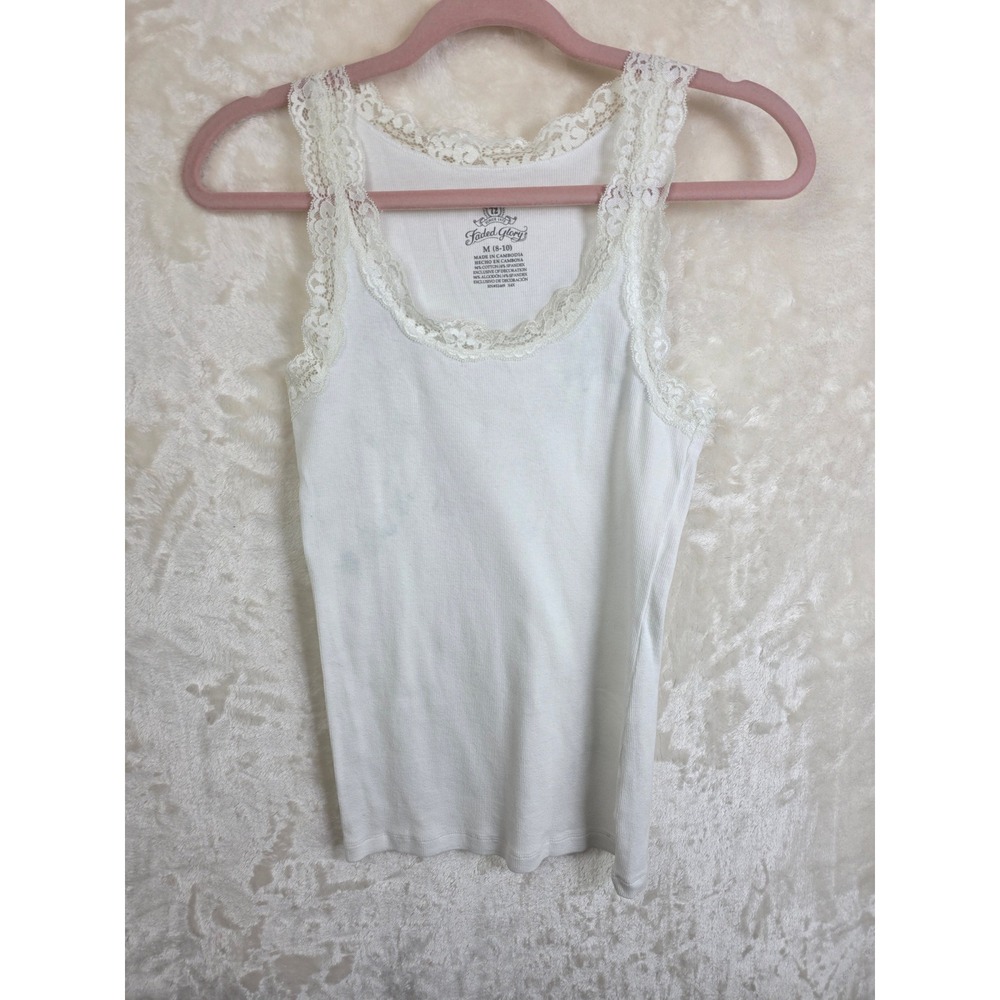 Faded Glory White Ribbed Lace Trim Tank Top Womens Medium XFGL14020SO